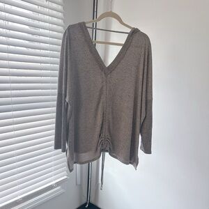 Lulu's Taupe V-Neck Sweater with Drawstring